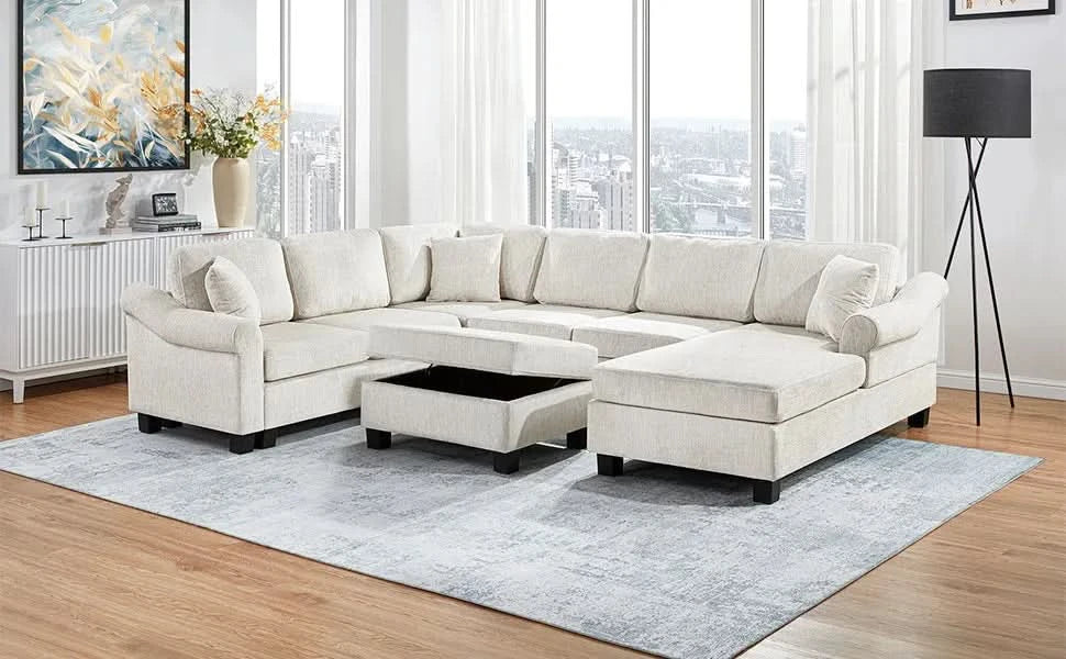 Contemporary U-shaped Sectional Sofa with Movable Storage Ottoman, White Chenille 111.8' Default -DTYStore