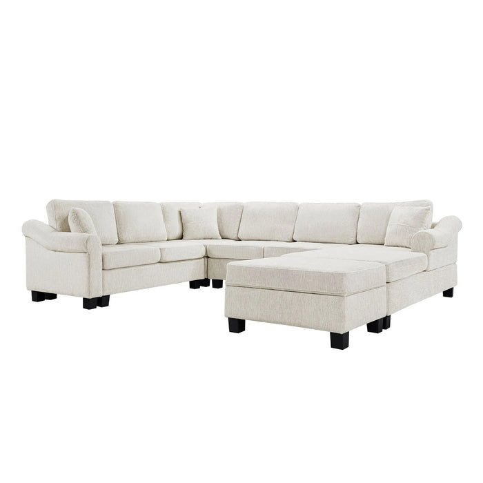 Contemporary U-shaped Sectional Sofa with Movable Storage Ottoman, White Chenille 111.8' Default -DTYStore
