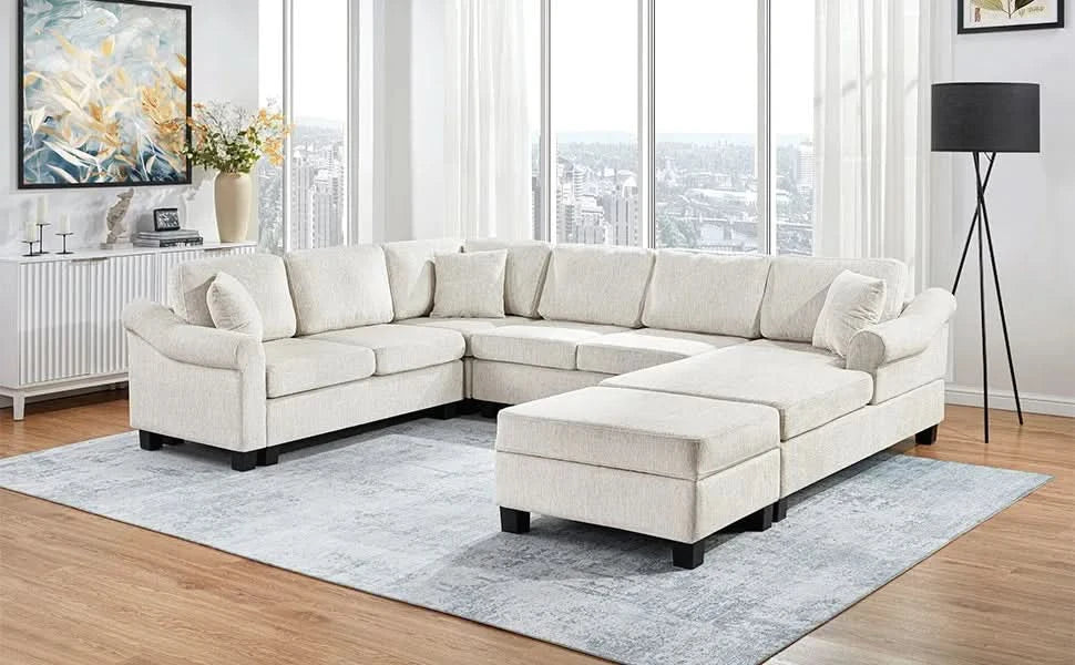 Contemporary U-shaped Sectional Sofa with Movable Storage Ottoman, White Chenille 111.8' Default -DTYStore