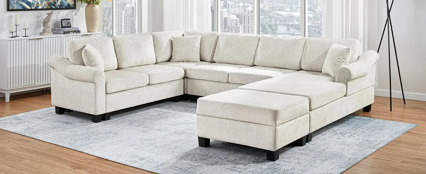 Contemporary U-shaped Sectional Sofa with Movable Storage Ottoman, White Chenille 111.8' Default -DTYStore