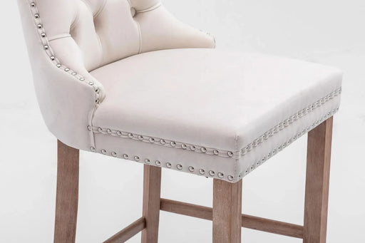 Contemporary Velvet Upholstered Barstools with Button Tufted Decoration and Wooden Legs, and Chrome Nailhead Trim, Leisure Style Bar Chairs,Bar stools, Set of 2 (Beige),SW2002BG Default -DTYStore