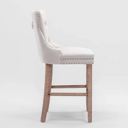 Contemporary Velvet Upholstered Barstools with Button Tufted Decoration and Wooden Legs, and Chrome Nailhead Trim, Leisure Style Bar Chairs,Bar stools, Set of 2 (Beige),SW2002BG Default -DTYStore