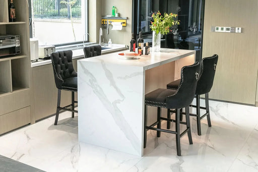 Contemporary Velvet Upholstered Barstools with Button Tufted Decoration and Wooden Legs, and Chrome Nailhead Trim, Leisure Style Bar Chairs,Bar stools, Set of 2 (Black),SW2002BK Default -DTYStore