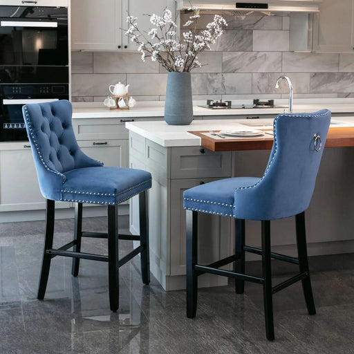 Contemporary Velvet Upholstered Barstools with Button Tufted Decoration and Wooden Legs, and Chrome Nailhead Trim, Leisure Style Bar Chairs,Bar stools, Set of 2 (Blue),SW2002BL Default -DTYStore