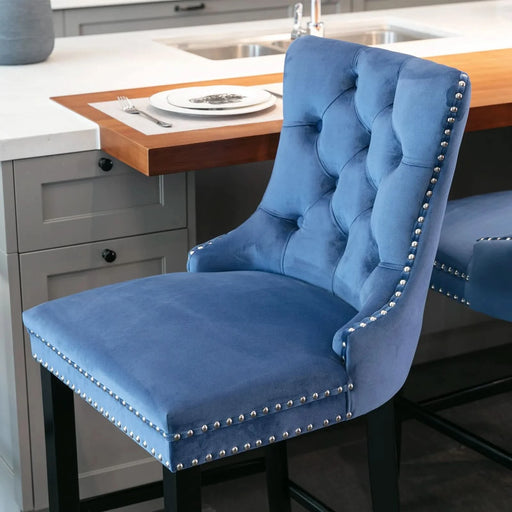 Contemporary Velvet Upholstered Barstools with Button Tufted Decoration and Wooden Legs, and Chrome Nailhead Trim, Leisure Style Bar Chairs,Bar stools, Set of 2 (Blue),SW2002BL Default -DTYStore