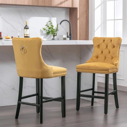 Contemporary Velvet Upholstered Barstools with Button Tufted Decoration and Wooden Legs, and Chrome Nailhead Trim, Leisure Style Bar Chairs,Bar stools, Set of 2 (Golden),SW2002GL Default -DTYStore