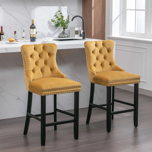Contemporary Velvet Upholstered Barstools with Button Tufted Decoration and Wooden Legs, and Chrome Nailhead Trim, Leisure Style Bar Chairs,Bar stools, Set of 2 (Golden),SW2002GL Default -DTYStore