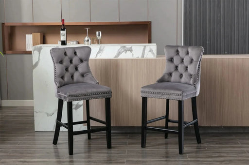 Contemporary Velvet Upholstered Barstools with Button Tufted Decoration and Wooden Legs, and Chrome Nailhead Trim, Leisure Style Bar Chairs,Bar stools, Set of 2 (Gray),SW1902GY Default -DTYStore