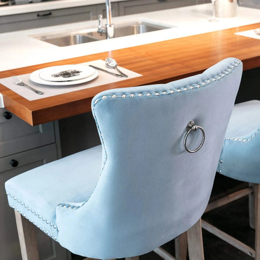 Contemporary Velvet Upholstered Barstools with Button Tufted Decoration and Wooden Legs, and Chrome Nailhead Trim, Leisure Style Bar Chairs,Bar stools, Set of 2 (Light Blue),SW2002LB Default -DTYStore