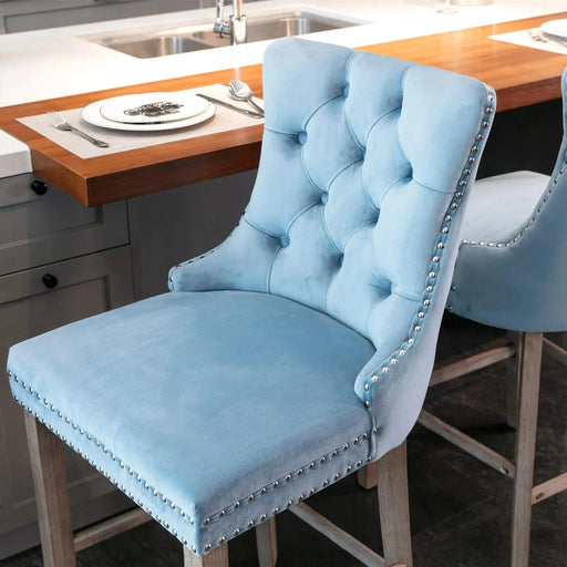 Contemporary Velvet Upholstered Barstools with Button Tufted Decoration and Wooden Legs, and Chrome Nailhead Trim, Leisure Style Bar Chairs,Bar stools, Set of 2 (Light Blue),SW2002LB Default -DTYStore