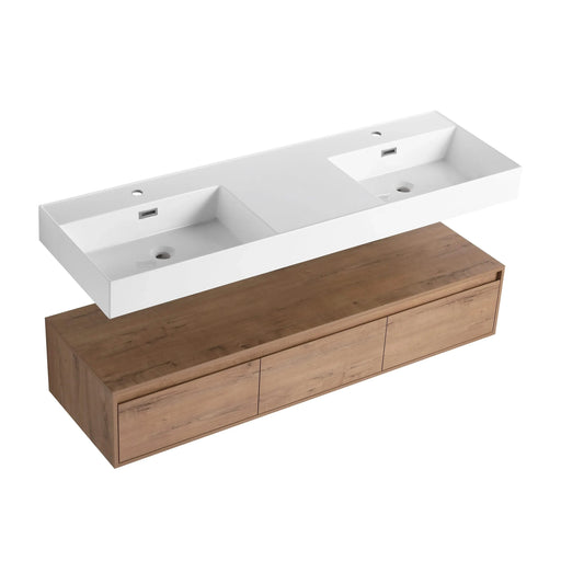 Contemporary Wall-Mounted Bathroom Vanity with Dual Resin Sink and Soft Close Drawer in Imitative Oak Finish, 60 Inches Default -DTYStore