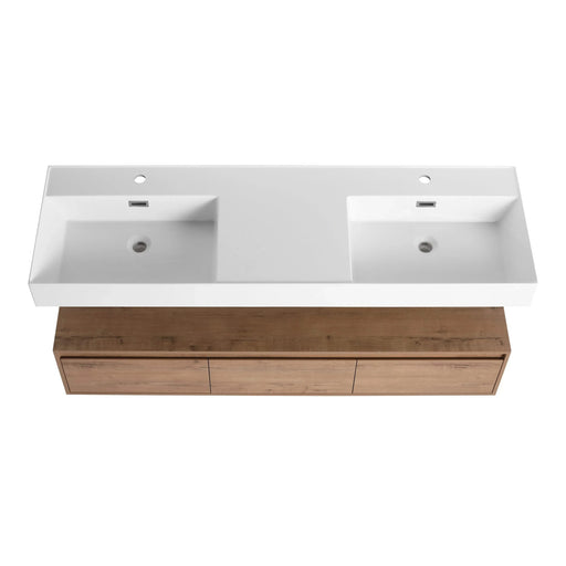 Contemporary Wall-Mounted Bathroom Vanity with Dual Resin Sink and Soft Close Drawer in Imitative Oak Finish, 60 Inches Default -DTYStore