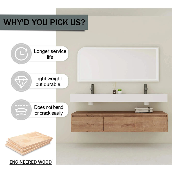 Contemporary Wall-Mounted Bathroom Vanity with Dual Resin Sink and Soft Close Drawer in Imitative Oak Finish, 60 Inches Default -DTYStore