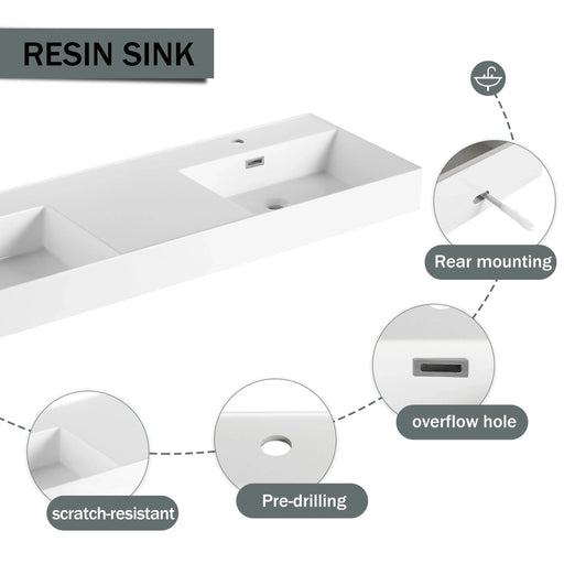 Contemporary Wall-Mounted Bathroom Vanity with Dual Resin Sink and Soft Close Drawer in Imitative Oak Finish, 60 Inches Default -DTYStore