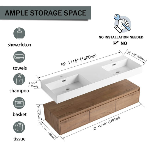 Contemporary Wall-Mounted Bathroom Vanity with Dual Resin Sink and Soft Close Drawer in Imitative Oak Finish, 60 Inches Default -DTYStore