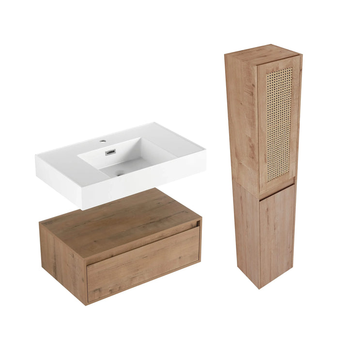 Contemporary Wall-Mounted Bathroom Vanity with Resin Sink and Two Side Cabinet, Imitative Oak, Plywood, 30 Inch Default -DTYStore