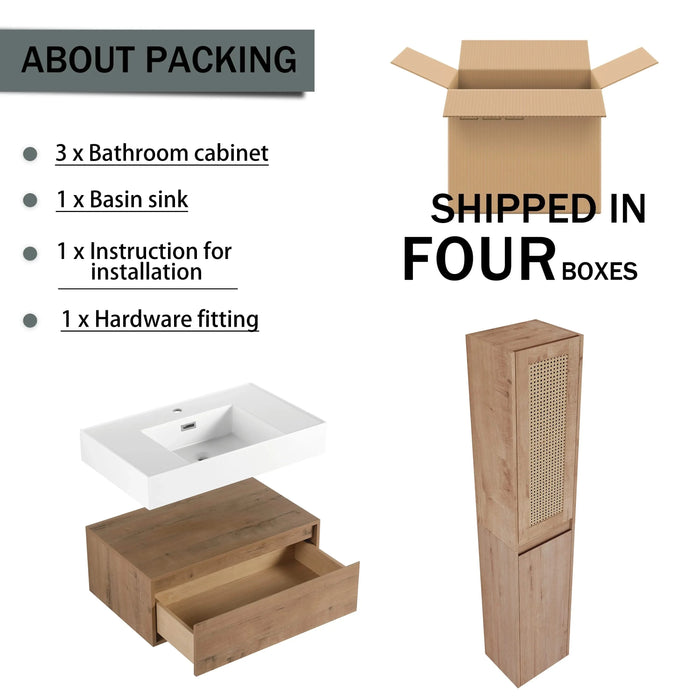 Contemporary Wall-Mounted Bathroom Vanity with Resin Sink and Two Side Cabinet, Imitative Oak, Plywood, 30 Inch Default -DTYStore