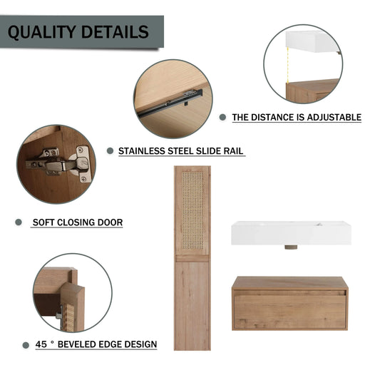 Contemporary Wall-Mounted Bathroom Vanity with Resin Sink and Two Side Cabinet, Imitative Oak, Plywood, 30 Inch Default -DTYStore