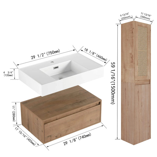 Contemporary Wall-Mounted Bathroom Vanity with Resin Sink and Two Side Cabinet, Imitative Oak, Plywood, 30 Inch Default -DTYStore