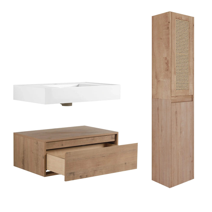 Contemporary Wall-Mounted Bathroom Vanity with Resin Sink and Two Side Cabinet, Imitative Oak, Plywood, 30 Inch Default -DTYStore