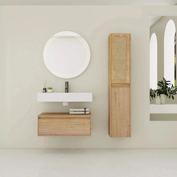 Contemporary Wall-Mounted Bathroom Vanity with Resin Sink and Two Side Cabinet, Imitative Oak, Plywood, 30 Inch Default -DTYStore