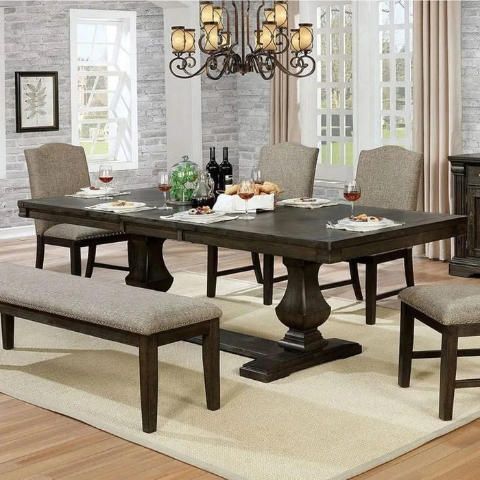 Contemporary Warm Gray Espresso 6pc Set Solidwood Dining Room Furniture Table w Leaf 4x Side Chairs Bench Default -DTYStore