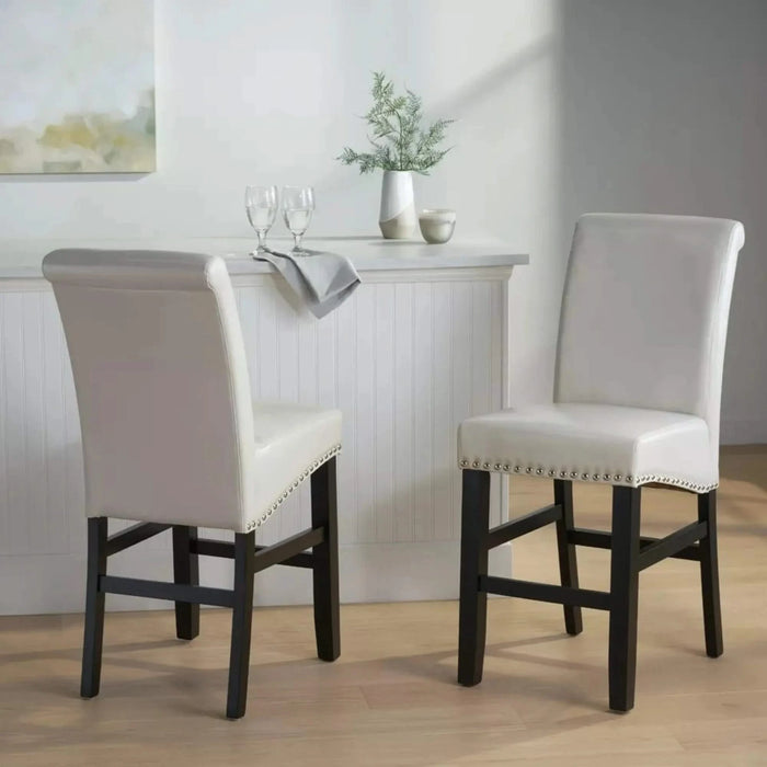 Contemporary leather counter stools,Ivory dining chairs with nail-head decoration (Set of 2),25 inches upholstered dining chairs suitable for Kitchen/Bedroom/Dining Room. Default -DTYStore