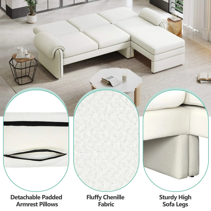 Convertible Futon Sofa Bed with Adjustable Backrest, Reversible Chaise Lounge, Removable Armrest Pillows, Beige Chenille, 94.1' Default -DTYStore