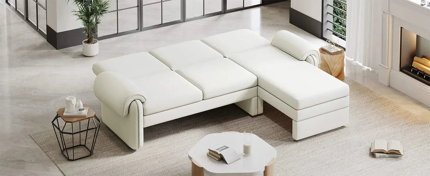 Convertible Futon Sofa Bed with Adjustable Backrest, Reversible Chaise Lounge, Removable Armrest Pillows, Beige Chenille, 94.1' Default -DTYStore