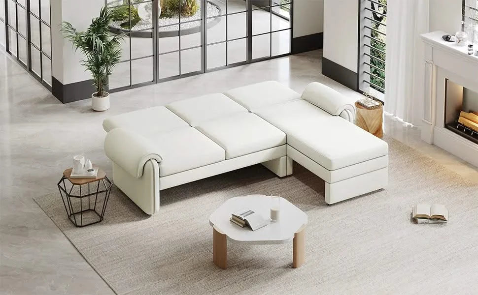 Convertible Futon Sofa Bed with Adjustable Backrest, Reversible Chaise Lounge, Removable Armrest Pillows, Beige Chenille, 94.1' Default -DTYStore