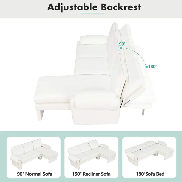 Convertible Futon Sofa Bed with Adjustable Backrest, Reversible Chaise Lounge, Removable Armrest Pillows, Beige Chenille, 94.1' Default -DTYStore