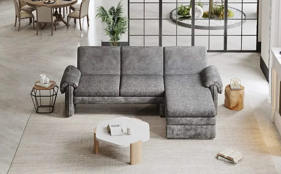 Convertible Futon Sofa Bed with Adjustable Backrest, Reversible Chaise Lounge, and Removable Armrest Pillows, Gray Chenille, 94.1' Default -DTYStore