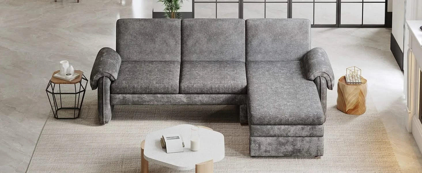 Convertible Futon Sofa Bed with Adjustable Backrest, Reversible Chaise Lounge, and Removable Armrest Pillows, Gray Chenille, 94.1' Default -DTYStore