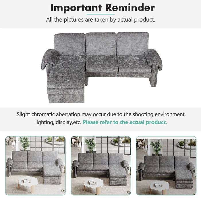 Convertible Futon Sofa Bed with Adjustable Backrest, Reversible Chaise Lounge, and Removable Armrest Pillows, Gray Chenille, 94.1' Default -DTYStore