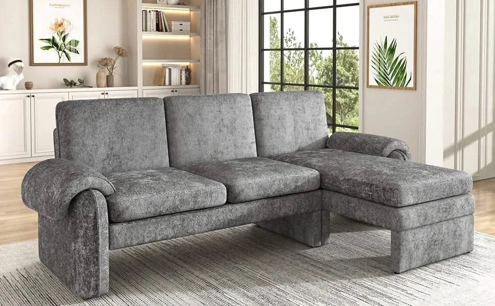 Convertible Futon Sofa Bed with Adjustable Backrest, Reversible Chaise Lounge, and Removable Armrest Pillows, Gray Chenille, 94.1' Default -DTYStore