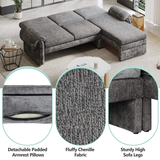 Convertible Futon Sofa Bed with Adjustable Backrest, Reversible Chaise Lounge, and Removable Armrest Pillows, Gray Chenille, 94.1' Default -DTYStore