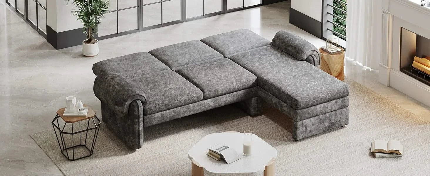 Convertible Futon Sofa Bed with Adjustable Backrest, Reversible Chaise Lounge, and Removable Armrest Pillows, Gray Chenille, 94.1' Default -DTYStore