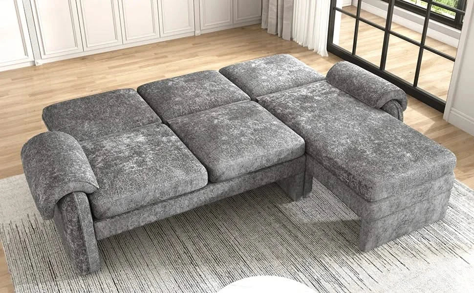 Convertible Futon Sofa Bed with Adjustable Backrest, Reversible Chaise Lounge, and Removable Armrest Pillows, Gray Chenille, 94.1' Default -DTYStore