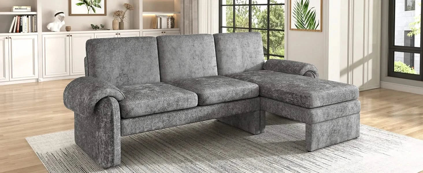 Convertible Futon Sofa Bed with Adjustable Backrest, Reversible Chaise Lounge, and Removable Armrest Pillows, Gray Chenille, 94.1' Default -DTYStore
