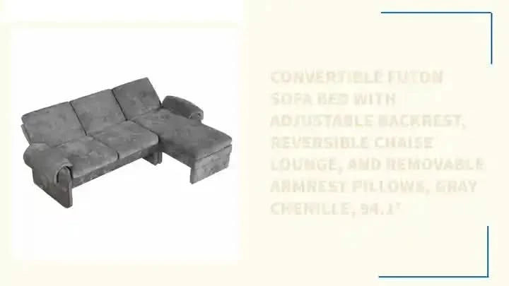 Convertible Futon Sofa Bed with Adjustable Backrest, Reversible Chaise Lounge, and Removable Armrest Pillows, Gray Chenille, 94.1' Default -DTYStore