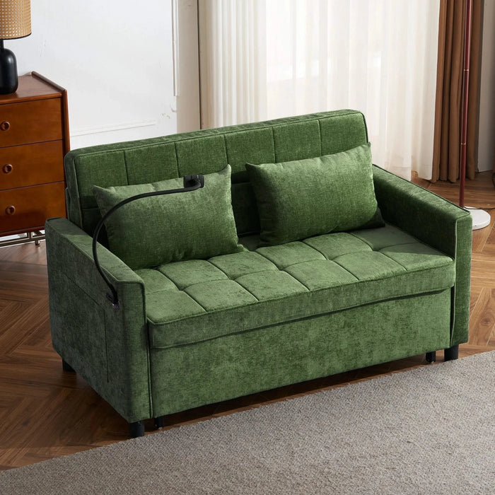 Convertible Loveseat Sofa Bed with Adjustable Backrest, USB Ports, Phone Holder, Side Pockets, Green Chenille, 56.9' Default -DTYStore