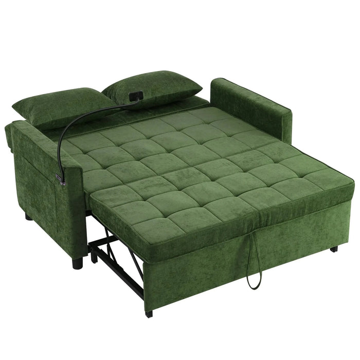 Convertible Loveseat Sofa Bed with Adjustable Backrest, USB Ports, Phone Holder, Side Pockets, Green Chenille, 56.9' Default -DTYStore