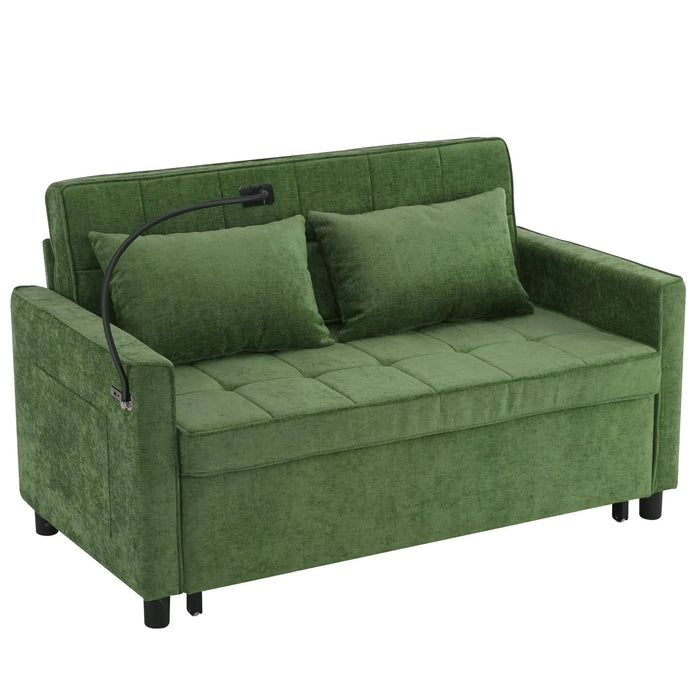 Convertible Loveseat Sofa Bed with Adjustable Backrest, USB Ports, Phone Holder, Side Pockets, Green Chenille, 56.9' Default -DTYStore
