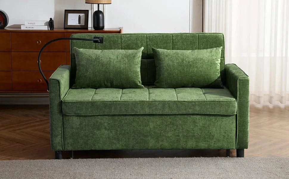 Convertible Loveseat Sofa Bed with Adjustable Backrest, USB Ports, Phone Holder, Side Pockets, Green Chenille, 56.9' Default -DTYStore
