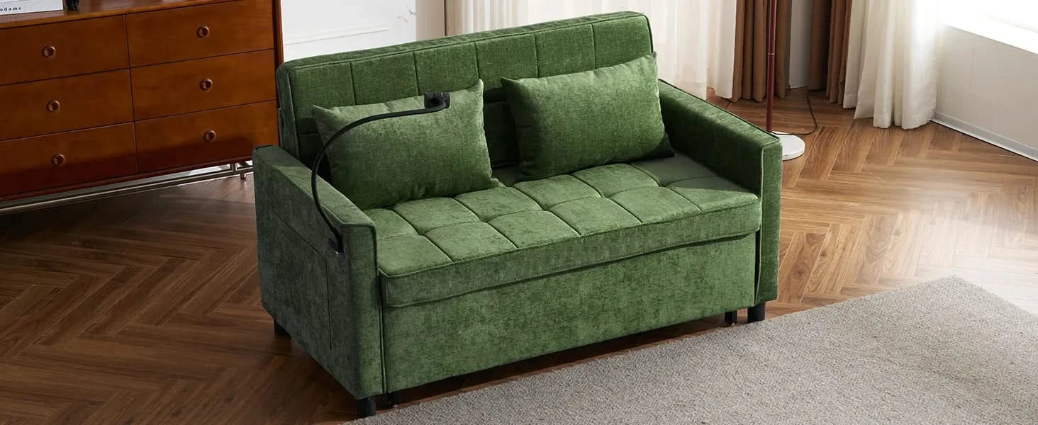 Convertible Loveseat Sofa Bed with Adjustable Backrest, USB Ports, Phone Holder, Side Pockets, Green Chenille, 56.9' Default -DTYStore