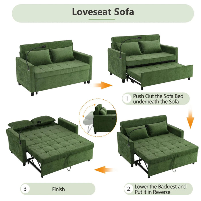 Convertible Loveseat Sofa Bed with Adjustable Backrest, USB Ports, Phone Holder, Side Pockets, Green Chenille, 56.9' Default -DTYStore