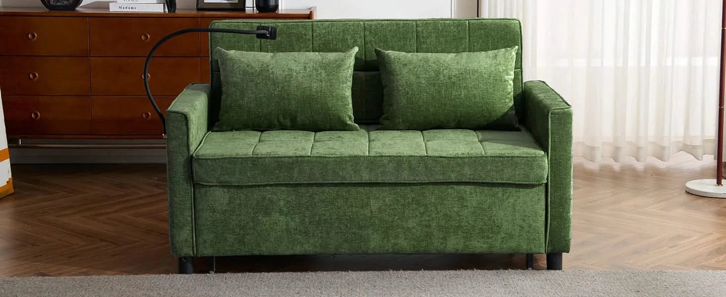 Convertible Loveseat Sofa Bed with Adjustable Backrest, USB Ports, Phone Holder, Side Pockets, Green Chenille, 56.9' Default -DTYStore