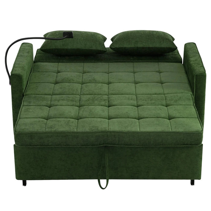 Convertible Loveseat Sofa Bed with Adjustable Backrest, USB Ports, Phone Holder, Side Pockets, Green Chenille, 56.9' Default -DTYStore