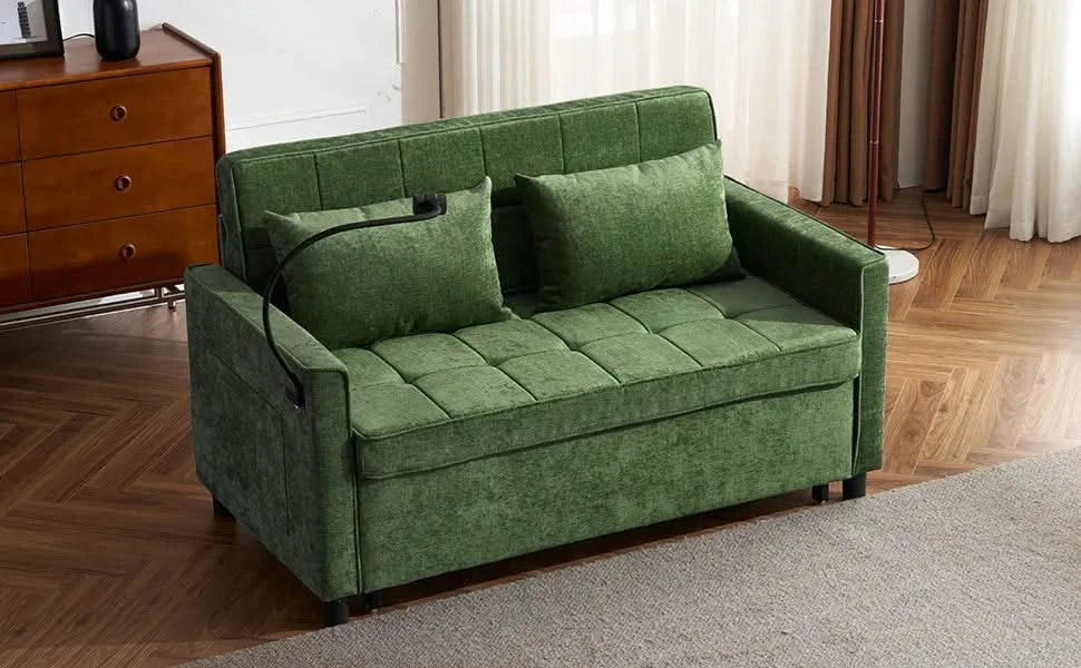 Convertible Loveseat Sofa Bed with Adjustable Backrest, USB Ports, Phone Holder, Side Pockets, Green Chenille, 56.9' Default -DTYStore