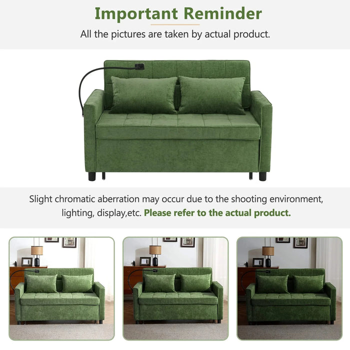 Convertible Loveseat Sofa Bed with Adjustable Backrest, USB Ports, Phone Holder, Side Pockets, Green Chenille, 56.9' Default -DTYStore